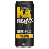 KA - Remix Rum Pineapple - 330ml is a vibrant canned drink with 6% ABV, showcasing bold yellow and white text on a black background. It delivers Caribbean flair and tropical pineapple notes in every sip.